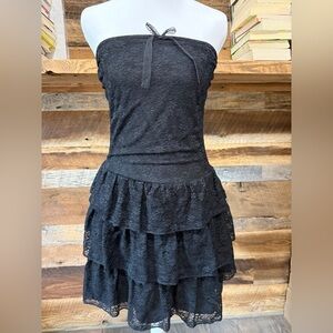 Strapless Black Lace Tiered Ruffle Dress
